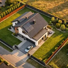Nowoczesny dom z widokiem na zielony ogród i sąsiednie posesje. Na dachu panele słoneczne, przed domem srebrny samochód.