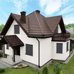 Nowoczesny dom z białą elewacją i brązowym dachem. Antracytowa elewacja domu jest subtelnie podkreślona przez ciemne okiennice.
