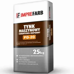 Imprefarb Tynk Maszynowy Cementowo-Wapienny PD-20, 25kg. Idealny do nakładania mechanicznego i ręcznego, na podłoża mineralne, betonowe.