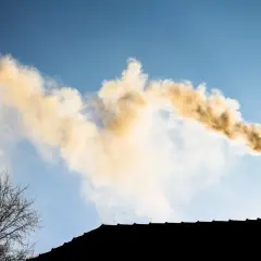 Dym z komina na tle błękitnego nieba. Widać fragment dachu i gałęzie drzew. Zakaz palenia węglem uchylony?