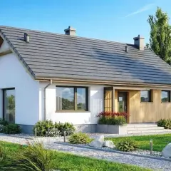 Nowoczesny dom jednorodzinny, jeden z wielu projektów domów do 100m2, z białym tynkiem, szarym dachem i drewnianymi elementami.