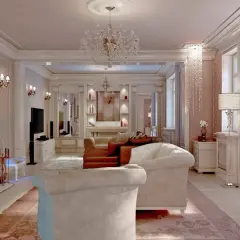 Elegancki salon w stylu glamour, z kryształowymi żyrandolami, wygodnymi sofami i kominkiem.