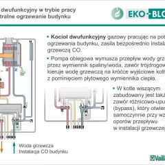 Schemat kotła dwufunkcyjnego w trybie ogrzewania. Woda grzewcza krąży, a zawór trójdrogowy kieruje ją do instalacji CO budynku.