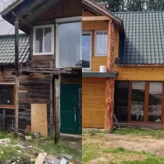 Przed i po: metamorfoza starego domu dzięki wymianie okien i odnowieniu elewacji.