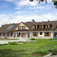 Projekt pensjonatu 10 pokoi: przestronny dom z kamienną podmurówką, brązowym dachem i werandą. Otoczony zielenią, z podjazdem i kwitnącymi rabatami.