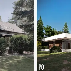 Metamorfoza starego domu przed i po: z tradycyjnego budynku w nowoczesną willę z kamiennymi akcentami.