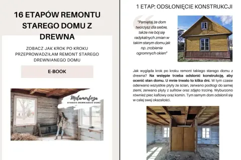 Remont starego drewnianego domu: odsłonięcie konstrukcji. Wnętrze domu z widocznymi belkami stropowymi i ścianami.