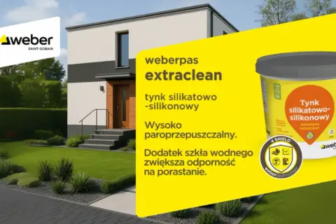 Nowoczesny dom z pięknym ogrodem. Jaki tynk na elewację? Weberpas extraclean, silikatowo-silikonowy, paroprzepuszczalny, odporny na porastanie.