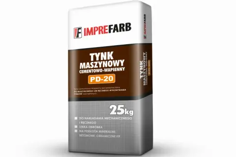 Imprefarb Tynk Maszynowy Cementowo-Wapienny PD-20, 25kg. Idealny do nakładania mechanicznego i ręcznego, na podłoża mineralne, betonowe.