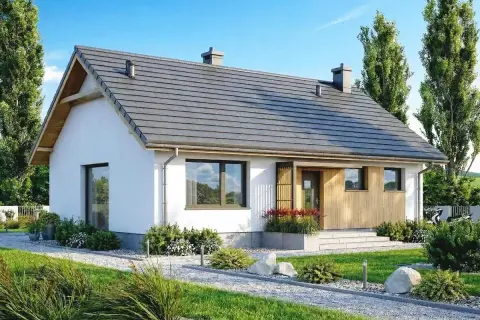 Nowoczesny dom jednorodzinny, jeden z wielu projektów domów do 100m2, z białym tynkiem, szarym dachem i drewnianymi elementami.
