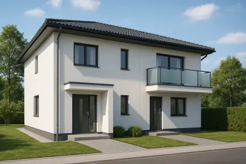 Nowoczesne projekty domów dwulokalowych z białym tynkiem, szarymi dachami i balkonem.