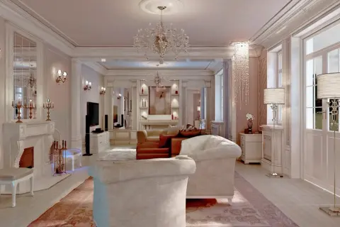 Elegancki salon w stylu glamour, z kryształowymi żyrandolami, wygodnymi sofami i kominkiem.