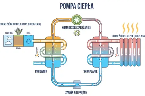 Schemat pompy ciepła: pobiera ciepło z otoczenia (powietrze, woda, ziemia), spręża je i oddaje do ogrzewania. Działa jak klimatyzacja w odwrotnym kierunku.