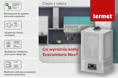 Nowoczesny piec na wodór, cichy, ekologiczny, z wymiennikiem INOX i zdalnym sterowaniem.