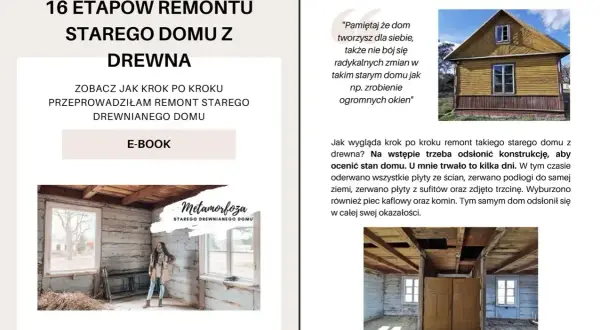 Remont starego drewnianego domu: odsłonięcie konstrukcji. Wnętrze domu z widocznymi belkami stropowymi i ścianami.