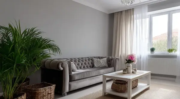 Elegancka sofa chesterfield i kryształowy żyrandol tworzą styl boho glamour wnętrza. Wazon z kwiatami i wiklinowe kosze dodają przytulności.
