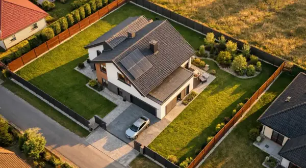 Nowoczesny dom z widokiem na zielony ogród i sąsiednie posesje. Na dachu panele słoneczne, przed domem srebrny samochód.