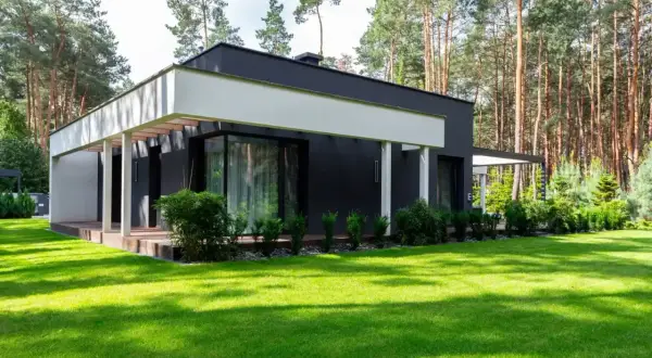 Nowoczesny projekt domu 50m2 z dużymi oknami, tarasem i zadbanym ogrodem, otoczony lasem.