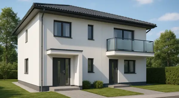 Nowoczesne projekty domów dwulokalowych z białym tynkiem, szarymi dachami i balkonem.
