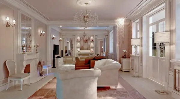 Elegancki salon w stylu glamour, z kryształowymi żyrandolami, wygodnymi sofami i kominkiem.