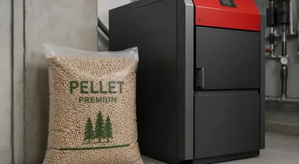 Worek z pelletem premium obok nowoczesnego kotła. Zastanawiasz się, do kiedy można palić pelletem? To ekologiczne paliwo grzewcze.