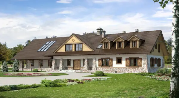 Projekt pensjonatu 10 pokoi: przestronny dom z kamienną podmurówką, brązowym dachem i werandą. Otoczony zielenią, z podjazdem i kwitnącymi rabatami.