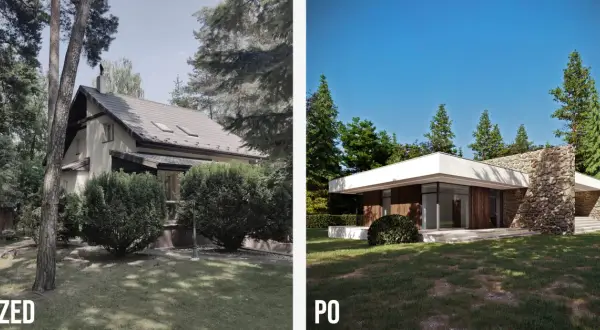 Metamorfoza starego domu przed i po: z tradycyjnego budynku w nowoczesną willę z kamiennymi akcentami.