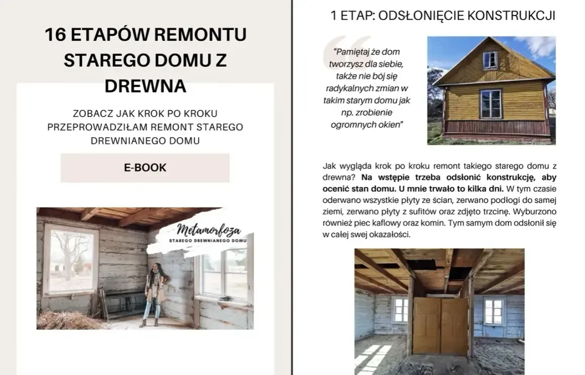 Remont starego drewnianego domu: odsłonięcie konstrukcji. Wnętrze domu z widocznymi belkami stropowymi i ścianami.