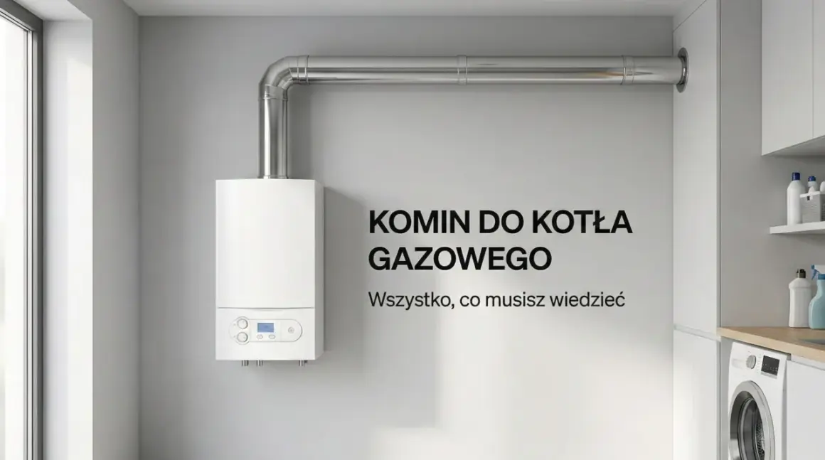 Przegląd kominiarski przy piecu gazowym. Nowoczesny kocioł gazowy z metalowym kominem, gotowy do pracy.
