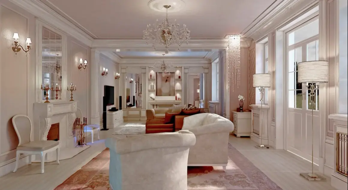 Elegancki salon w stylu glamour, z kryształowymi żyrandolami, wygodnymi sofami i kominkiem.