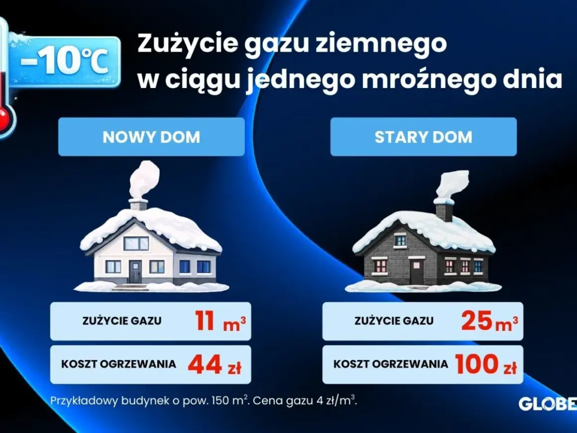 Porównanie zużycia gazu ziemnego: nowy dom zużywa 11 m³ (44 zł), stary dom 25 m³ (100 zł) w mroźny dzień.