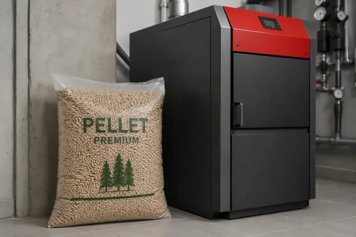 Worek z pelletem premium obok nowoczesnego kotła. Zastanawiasz się, do kiedy można palić pelletem? To ekologiczne paliwo grzewcze.