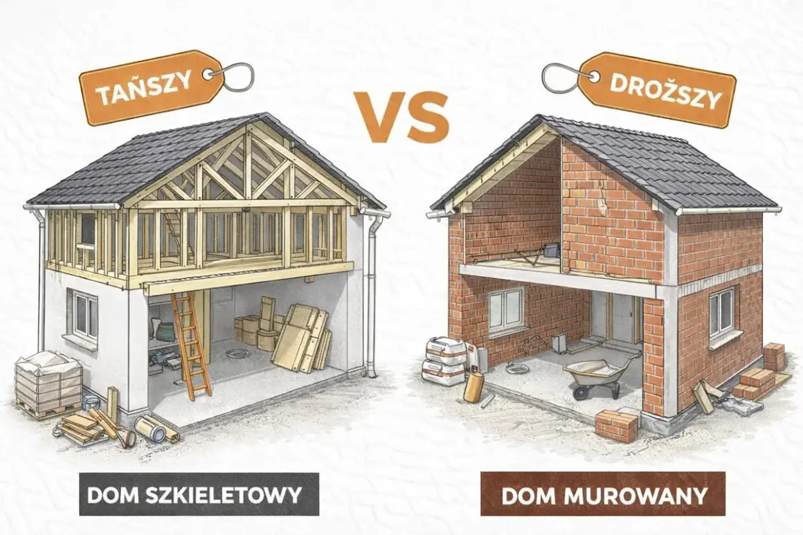 Porównanie domów: szkieletowy (tańszy) i murowany (droższy). Zastanawiasz się, ile waży dom? Oto wizualizacja różnic w konstrukcji.