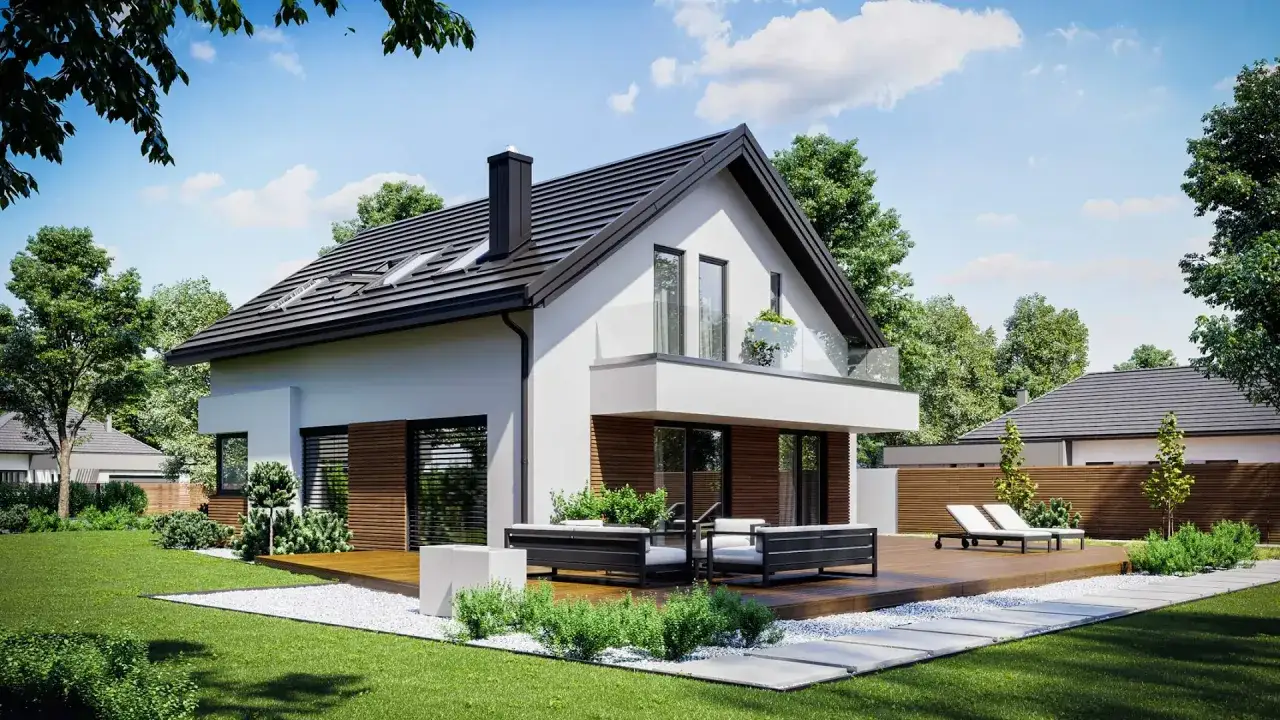 Nowoczesny dom z tarasem i meblami wypoczynkowymi. Projekt homekoncept 72 g2, otoczony zielenią, z balkonem i kominem.
