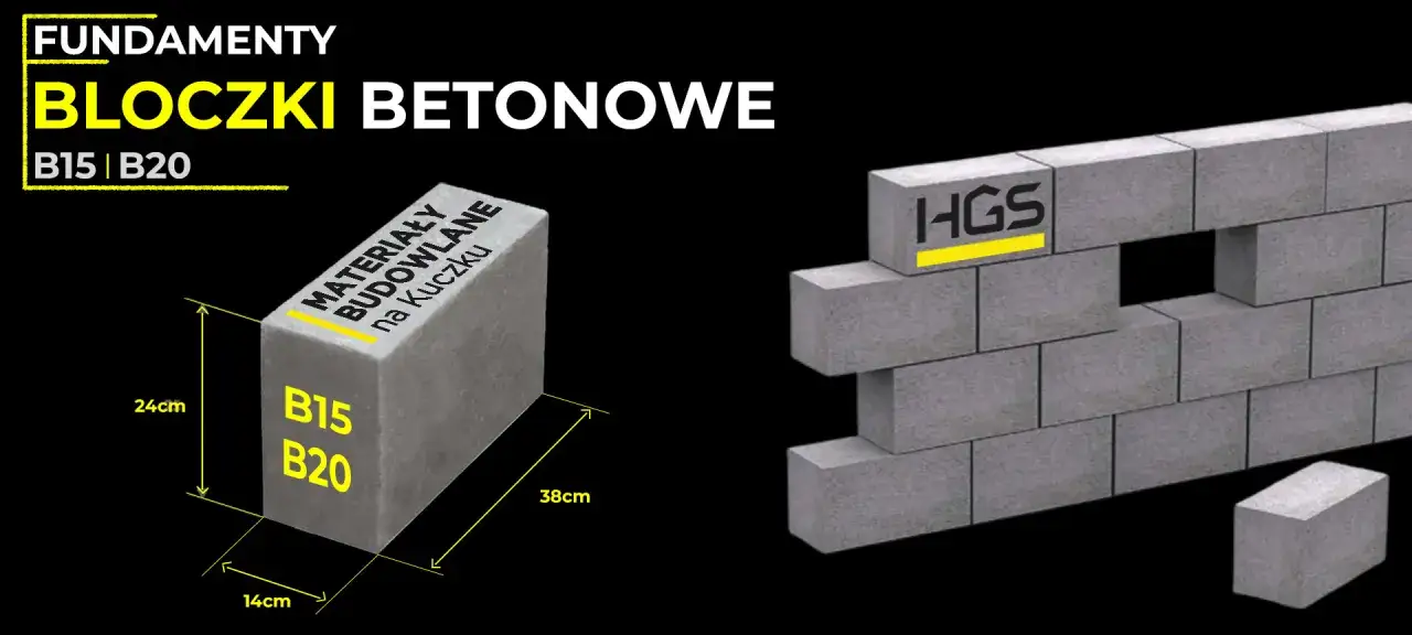 Bloczki betonowe HGS: wymiary 38x24x14 cm, klasy B15 i B20. Idealne do fundament&oacute;w.