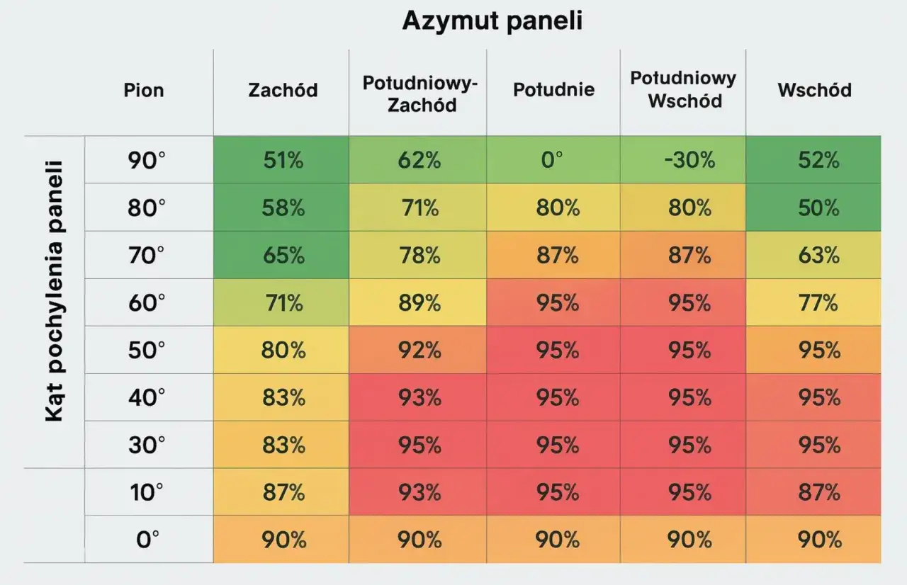 Tabela pokazuje optymalny kąt paneli fotowoltaicznych w zależności od azymutu. Najlepsze wyniki uzyskuje się przy nachyleniu 30-50 stopni na południe.