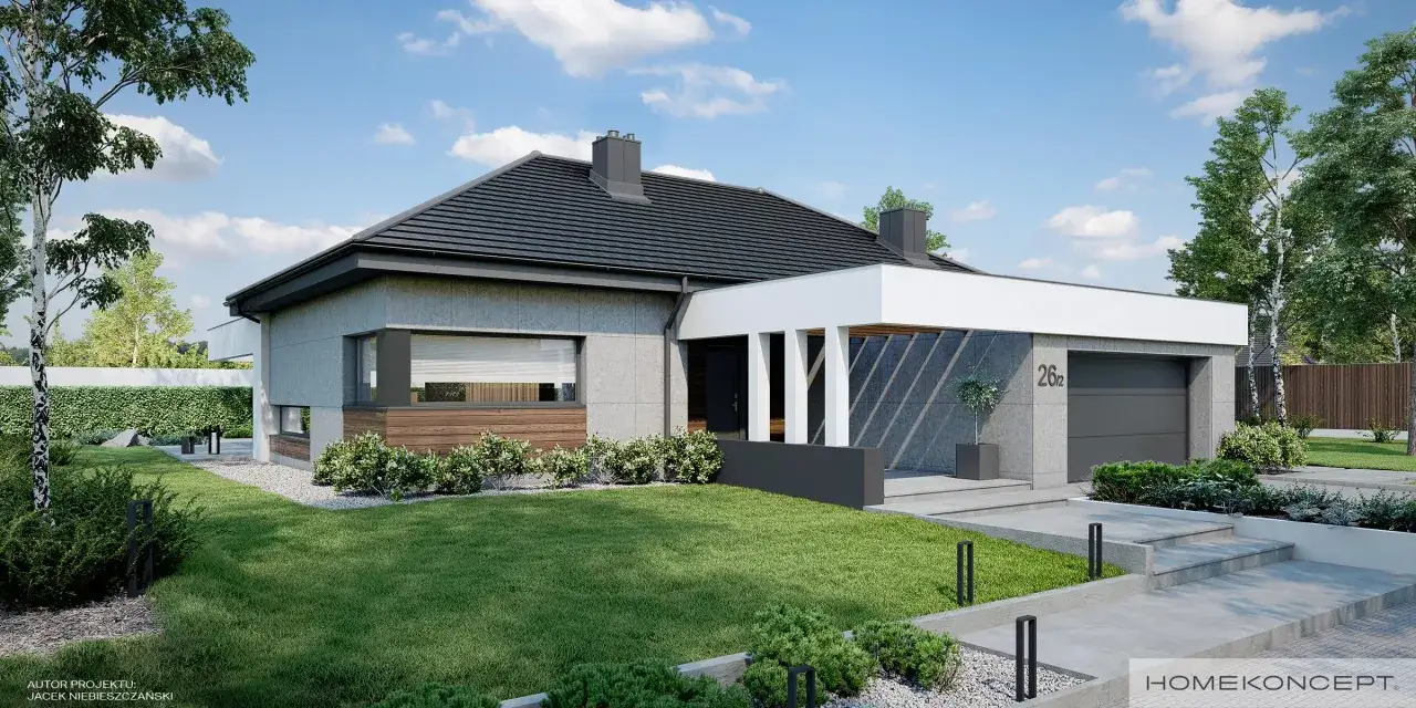Nowoczesny dom z garażem, projekt homekoncept 26 wariant 6. Elegancka bryła, szary tynk, drewniane akcenty, zadbany ogr&oacute;d.