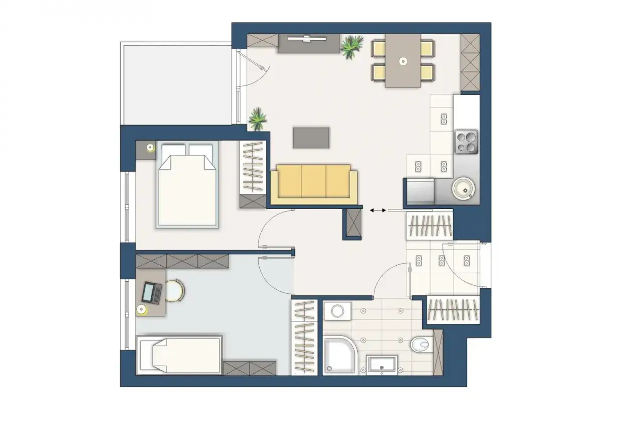 Projekt domu 50m2: sypialnia, salon z aneksem kuchennym, łazienka i gabinet. Kompaktowe, funkcjonalne wnętrza.