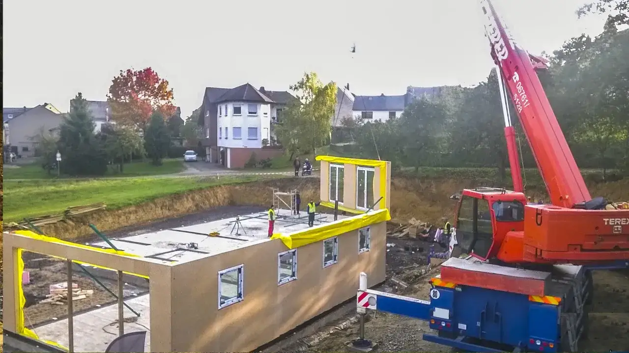 Montaż moduł&oacute;w domu. Dźwig podnosi element, zastanawiamy się, ile waży dom.