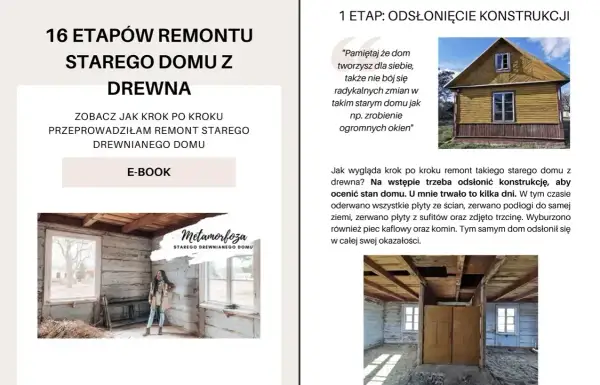 Remont starego drewnianego domu: odsłonięcie konstrukcji. Wnętrze domu z widocznymi belkami stropowymi i ścianami.