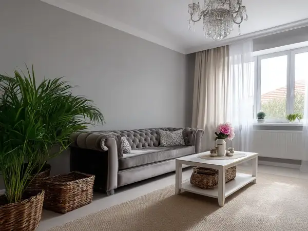 Elegancka sofa chesterfield i kryształowy żyrandol tworzą styl boho glamour wnętrza. Wazon z kwiatami i wiklinowe kosze dodają przytulności.