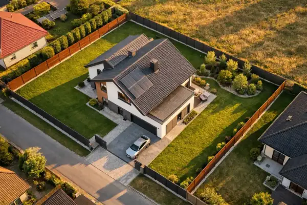 Nowoczesny dom z widokiem na zielony ogród i sąsiednie posesje. Na dachu panele słoneczne, przed domem srebrny samochód.