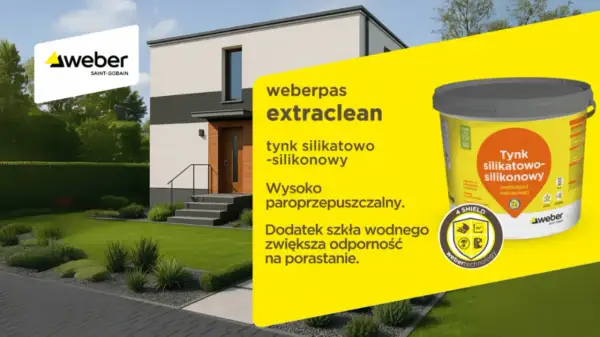 Nowoczesny dom z pięknym ogrodem. Jaki tynk na elewację? Weberpas extraclean, silikatowo-silikonowy, paroprzepuszczalny, odporny na porastanie.