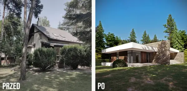 Metamorfoza starego domu przed i po: z tradycyjnego budynku w nowoczesną willę z kamiennymi akcentami.